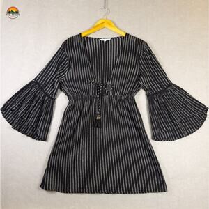 Blue Island A-Line Dress Black White Striped Flare Sleeve Women's Medium